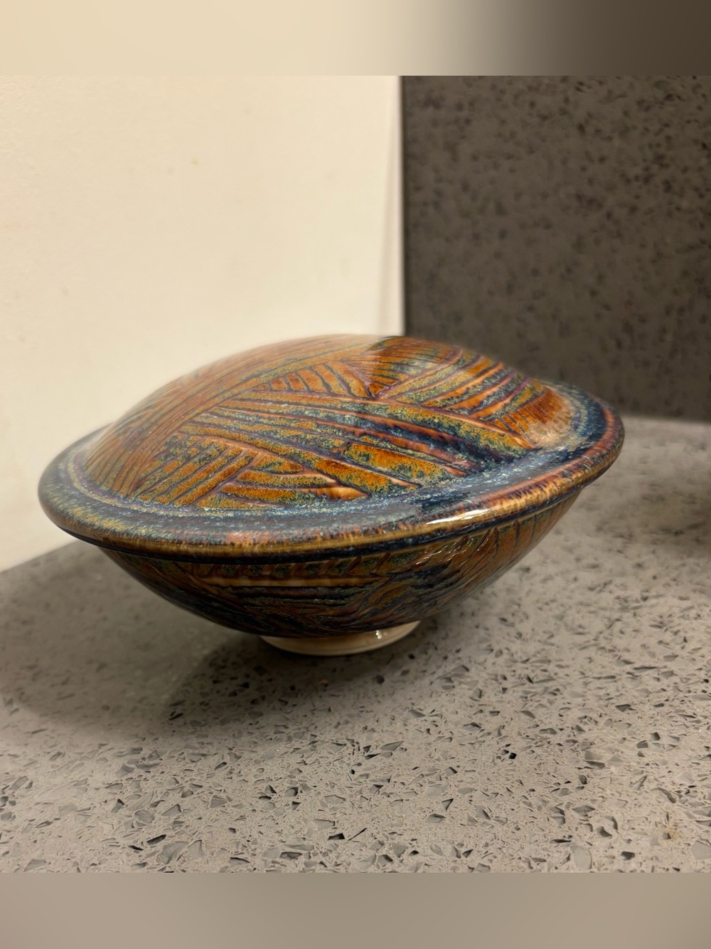 Handcrafted Ceramic Lidded Bowl in Blue and Brown